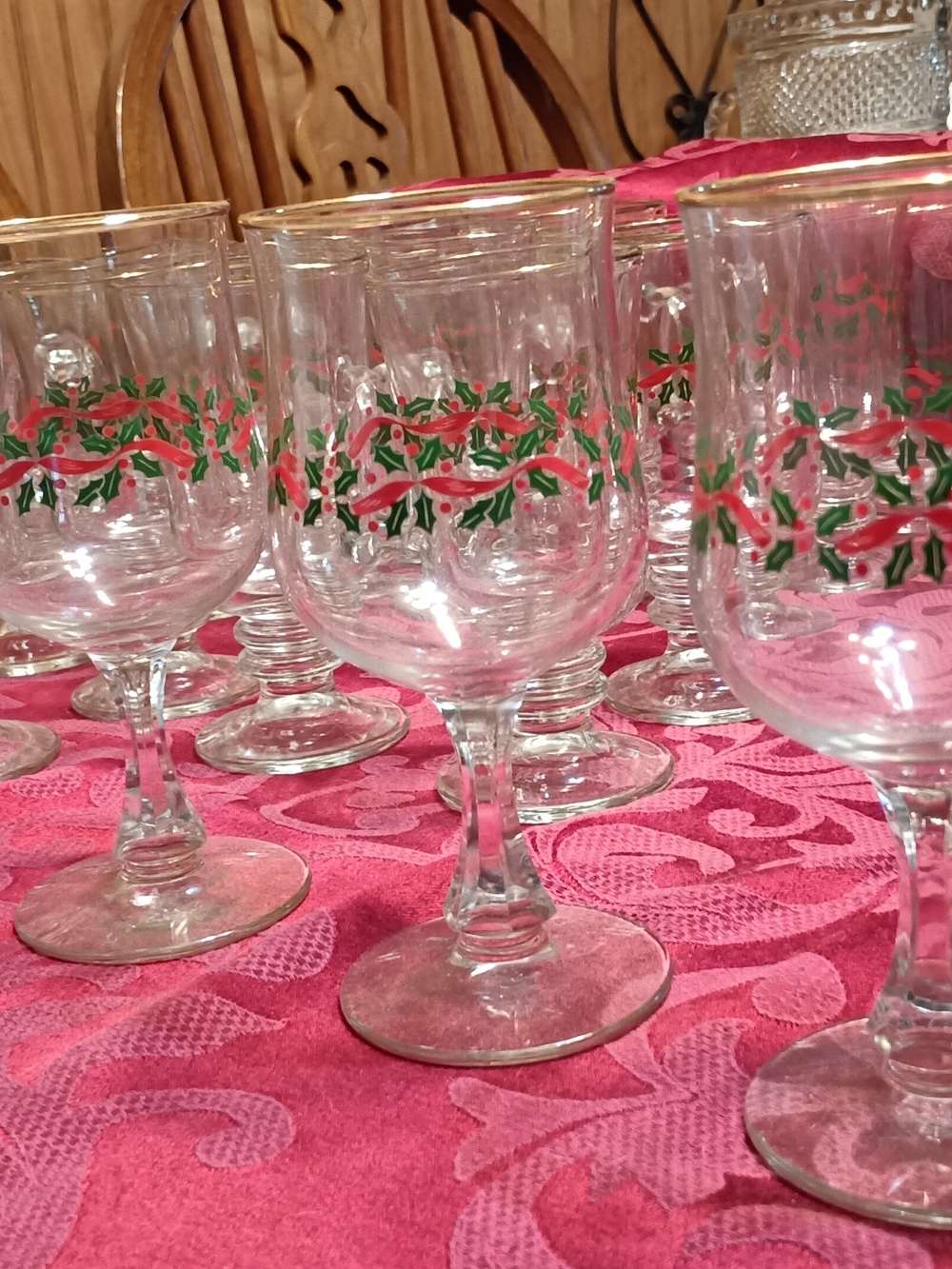 Holiday Holly Glass Goblets - Clear with Red & Green Accent